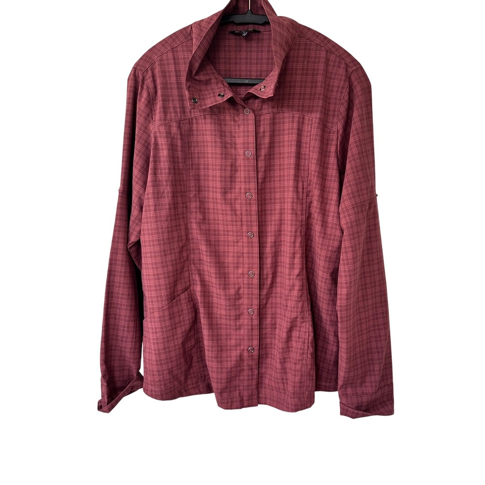 Kerrits Womens Large Burgundy Plaid Snap Front Mesh Back Equestrian Riding Shirt